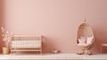 Panoramic interior baby room Scandinavian style rattan crib pink canopy beige armchair generative ai Royalty Free Stock Photo