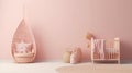 Panoramic interior baby room Scandinavian style rattan crib pink canopy beige armchair generative ai Royalty Free Stock Photo