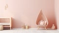 Panoramic interior baby room Scandinavian style rattan crib pink canopy beige armchair generative ai Royalty Free Stock Photo