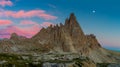 Panoramic landscape of Alps. Tre Cime di Lavaredo at night with real moon Royalty Free Stock Photo