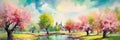 Panoramic landscape with blossom trees, church and pond, horizontal digital painting. Generative AI Royalty Free Stock Photo