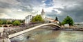 Bridge over canal and view of church tower in Crikvenica. Croatia