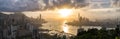 Panoramic landscape or cityscape of Hong Kong island, Victoria harbour, and Kowloon city at sunset. Asia travel concept Royalty Free Stock Photo