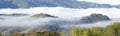 Panoramic landscape with clouds over green spring hills of Southern California, Ventura County, Oak View, CA Royalty Free Stock Photo