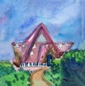 Panoramic landscape of countryside purple wooden house. Blue sky. Green bushes in garden. Hand drawn watercolor sketch. Rural