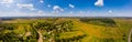 Panoramic landscape of countryside it the west of Ukraine. Aerial drone view of traditional Ukrainian village