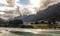 Panoramic landscape of the Dolomites on the Italian side, on the left the three peaks of Lovereto.