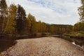 Panoramic landscape with forest lake in autumn day. Royalty Free Stock Photo