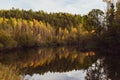 Panoramic landscape with forest lake in autumn day. Royalty Free Stock Photo