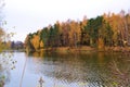 Panoramic landscape with forest lake in autumn rainy day Royalty Free Stock Photo
