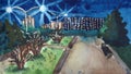 Panoramic landscape of green trees in night city park. Hand drawn watercolor sketch. Street lights. Summer or spring. Nature and Royalty Free Stock Photo