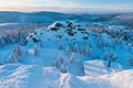 Panoramic landscape of Jizera Mountains, view from peak Izera with frosty spruce forest, trees and hills. Winter time Royalty Free Stock Photo