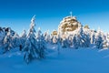 Panoramic landscape of Jizera Mountains, view from peak Izera with frosty spruce forest, trees and hills. Winter time Royalty Free Stock Photo