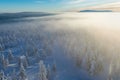 Panoramic landscape of Jizera Mountains, view from peak Izera with frosty spruce forest, trees and hills. Winter time Royalty Free Stock Photo