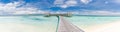 Panoramic landscape of Maldives beach. Tropical panorama, luxury water villa resort with wooden pier Royalty Free Stock Photo