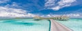 Tropical banner sea bay. Tropical beach in Maldives with blue lagoon sunny sky over wooden pier pathway Royalty Free Stock Photo