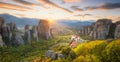 Panoramic landscape of Meteora, Greece at romantic sundown time Royalty Free Stock Photo