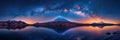 panoramic landscape with Milky way in starry night sky above peak of mountain inactive volcano and ocean waters Royalty Free Stock Photo