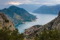 Panoramic landscape of mountain ridge and Kotor bay. Royalty Free Stock Photo