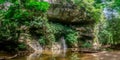 Panoramic landscape of mountain with waterfall and river in the tropical rainforest in Gunung Mulu National park. Sarawak Royalty Free Stock Photo