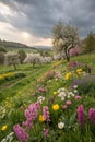 Panoramic landscape with multicolor spring flowers Royalty Free Stock Photo