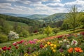 Panoramic landscape with multicolor spring flowers Royalty Free Stock Photo