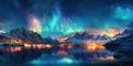 panoramic landscape with northern lights in night starry sky over a lake with mountains in winter Royalty Free Stock Photo