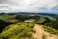 Panoramic landscape overlooking three amazing ponds, Lagoa de Santiago, Rasa and lagoa Azul, Lagoa Seven Cities. The Azores are on Royalty Free Stock Photo