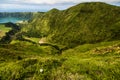 Panoramic landscape overlooking three amazing ponds, Lagoa de Santiago, Rasa and lagoa Azul, Lagoa Seven Cities. The Azores are on