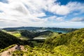 Panoramic landscape overlooking three amazing ponds, Lagoa de Santiago, Rasa and lagoa Azul, Lagoa Seven Cities. The Azores are on