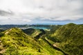 Panoramic landscape overlooking three amazing ponds, Lagoa de Santiago, Rasa and lagoa Azul, Lagoa Seven Cities. The Azores are on Royalty Free Stock Photo