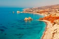 Panoramic landscape Petra tou Romiou (The rock of the Greek), Aphrodite's legendary birthplace in Paphos, Cyprus island,