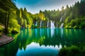 Panoramic Landscape: Plitvice Lakes\' Exquisite Waterfall and Lake Scenery Royalty Free Stock Photo