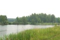 Panoramic landscape of pond in morning fog