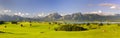 Panoramic landscape in region Allgaeu with lake and alps mountains