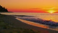 Panoramic landscape rock silhouette at orange sunrise morning. Ocean wave Royalty Free Stock Photo