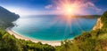 Panoramic landscape of the rocky coastline sea and Jaz Beach at sunshine. Budva, Montenegro. Royalty Free Stock Photo