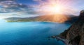 Panoramic landscape of the rocky coastline sea and Jaz Beach at sunshine. Budva, Montenegro.