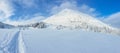 Panoramic landscape of a snowy forest in the mountains on a sunny winter day whis. Ukrainian Carpathians, near Mount Petros, there