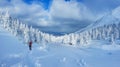 Panoramic landscape of a snowy forest in the mountains on a sunny winter day whis. Ukrainian Carpathians, near Mount Petros, there