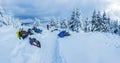 Panoramic landscape of a snowy forest in the mountains on a sunny winter day whis. Ukrainian Carpathians, near Mount Petros, there