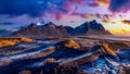 Panoramic landscape at sunrise. Vestrahorn mountains in Stokksnes, Iceland