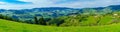 Panoramic landscape at sunrise with vineyards and countryside in Beaujolais