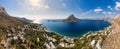 Panoramic landscape of Telendos island in distance and part of Kalymnos island