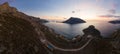 Panoramic landscape of Telendos island in distance and part of Kalymnos island at sunset