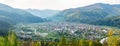 Panoramic landscape. Ukraine Carpathian Mountains, Vezle nature reserve town of Skole, view from mountain, autumn season Royalty Free Stock Photo