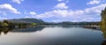 Panoramic landscape of Ullswater lake with Steamer ferry jetty from Pooley Bridge, Cumbria,