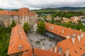 Panoramic landscape view above from aerial of the historic city of Cesky Krumlov with famous Cesky Krumlov Castle, Church city is