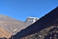 Panoramic landscape view of barren Himalayas mountain range with distant snowcapped great Himalayas mountain on a winter day in