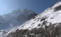 Panoramic landscape view of snowcapped Kala Patthar in sunny winter. It is a famous tourist attraction located in great Himalayas